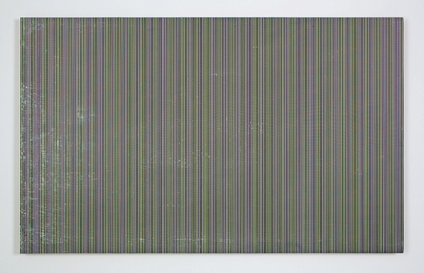 R.H. Quaytman, Untitled (yellow, pink op with black lines)
2009, Silkscreen ink, gesso on wood