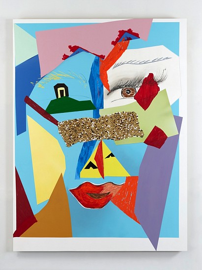 Mickalene Thomas, Untitled #2
2014, Enamel, acrylic, oil paint, glitter, rhinestones, oil pastel, dry pastel, graphite and silkscreen on wood panel