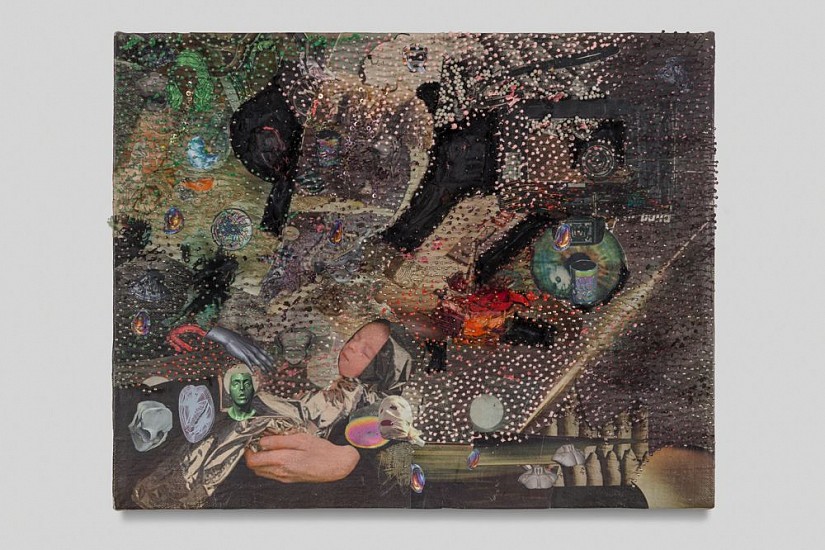 Elliott Hundley, the song dissolves
Paper, oil, pins, fabric, foam and linen over panel